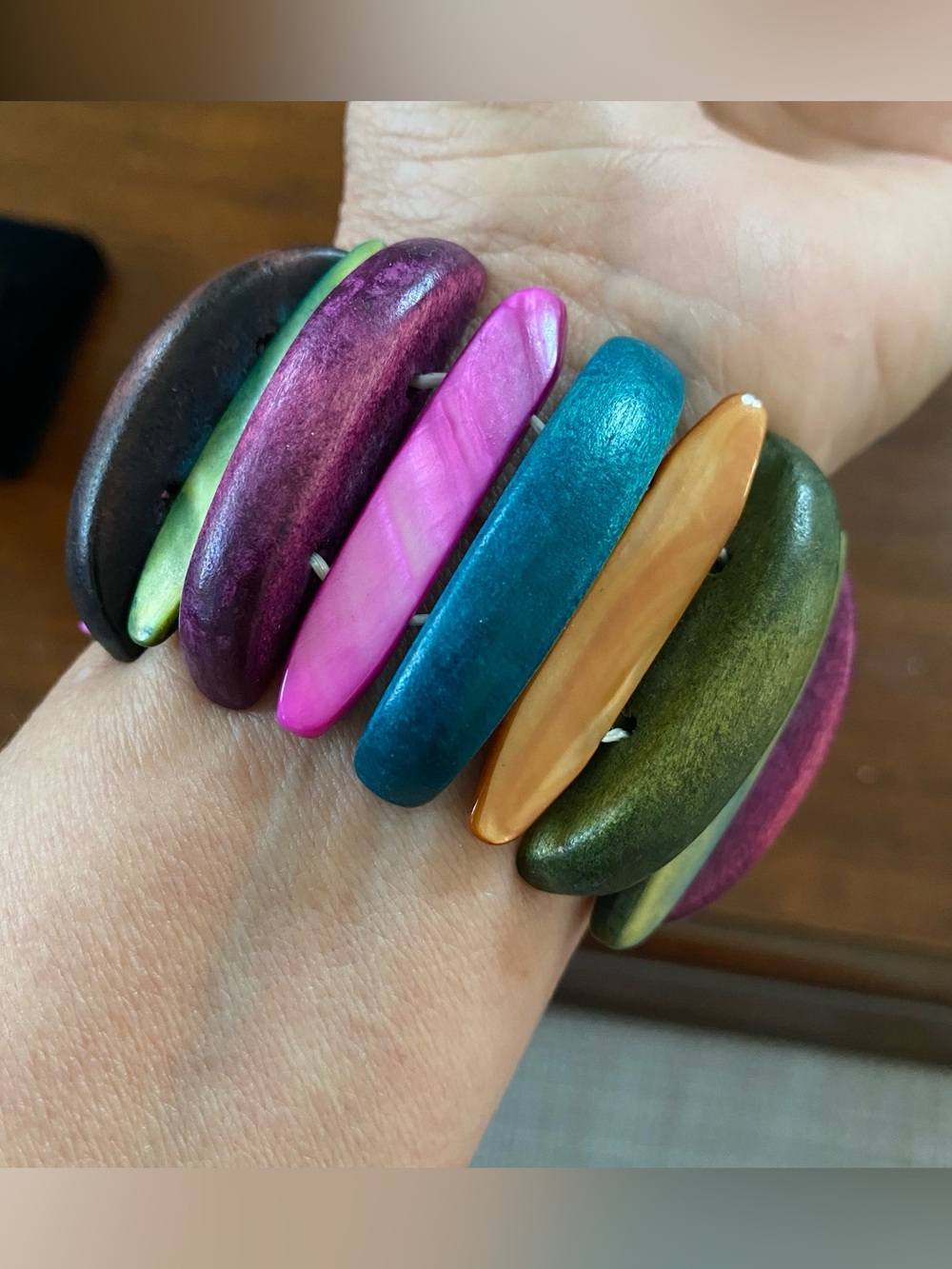 Vibrant Multi-Color Stretch Statement Bracelet with Wood & Shell Beads